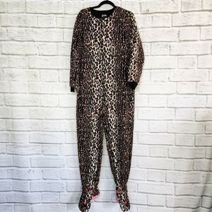 Nick & Nora Animal Print Long Sleeve Fleece Footed Jumpsuit Tan Black Large